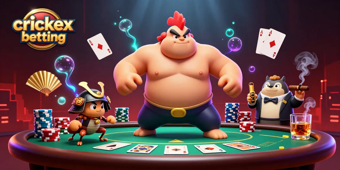 Experience crickex betting action in a vibrant casino scene with a powerful rooster, samurai cricket, and a tanuki announcer.