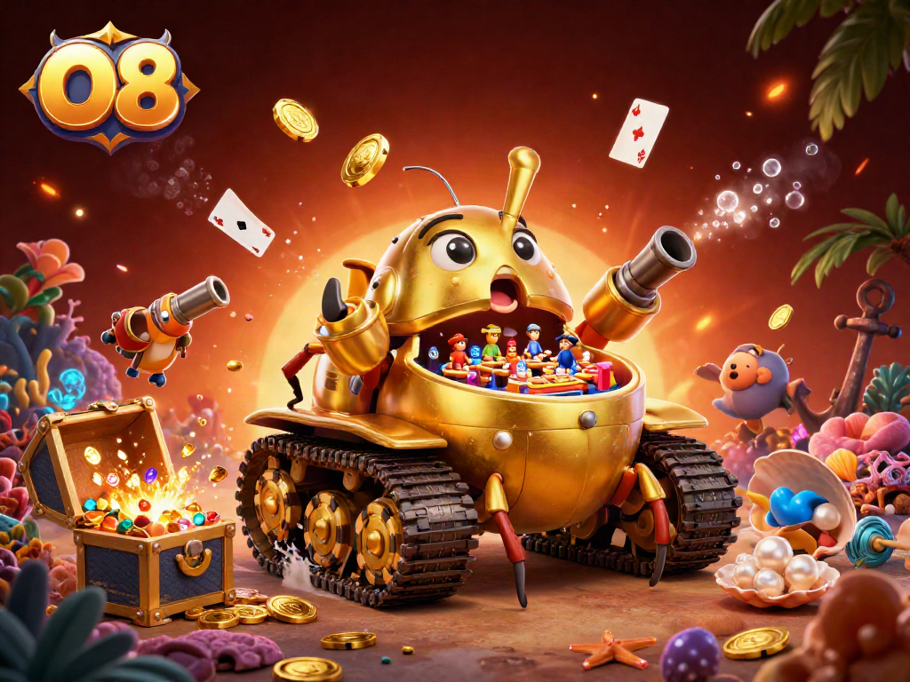The O8 brand showcases a surreal 3D casino beetle tank amidst a treasure-filled ocean.