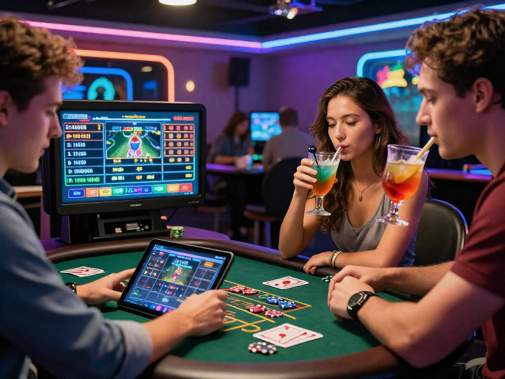 Friends enjoying a lively gaming atmosphere with oxbet bets and colorful cocktails.