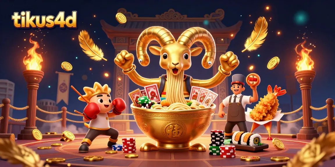 Engage in thrilling bets with tikus4d as a giant ramen bowl dealer amidst vibrant casino elements.