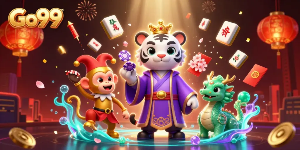Experience thrills at Go99's festive gaming scene with captivating characters and lively elements.