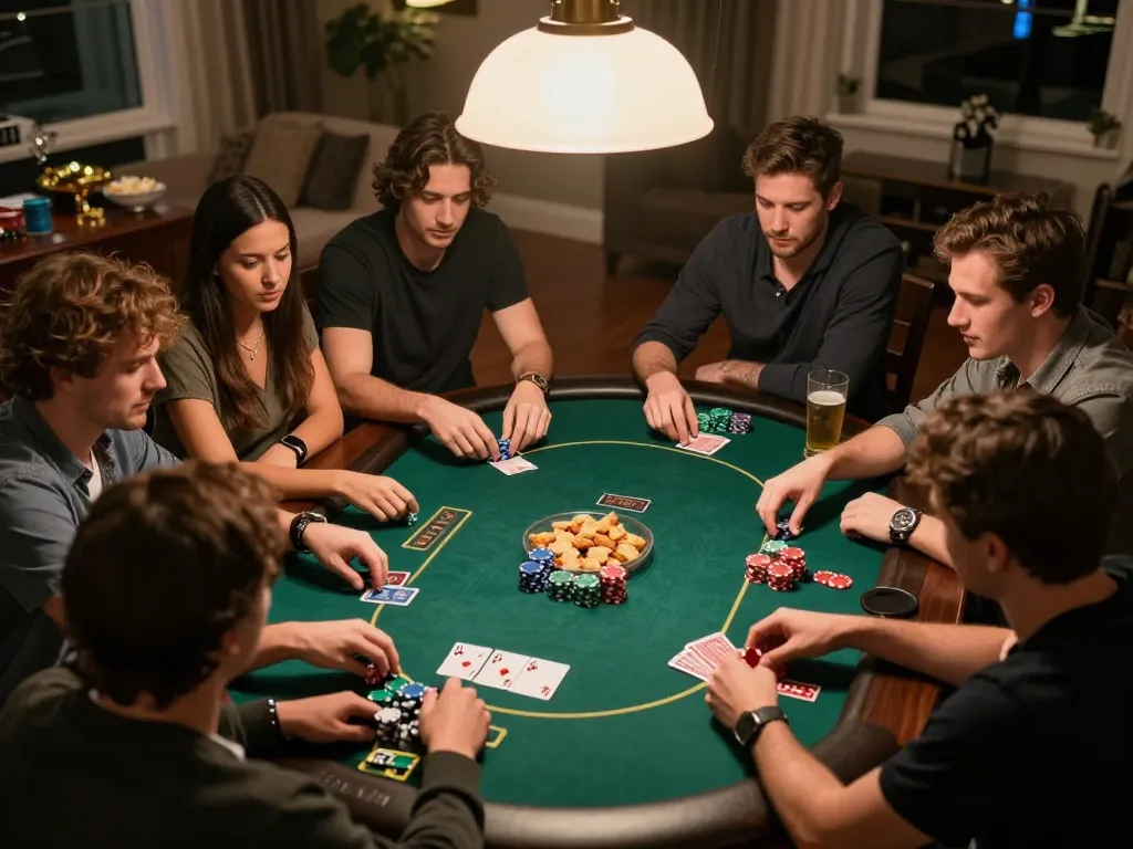 LIGALGO Login showcases players engaged in an exciting home poker night with chips and cards.