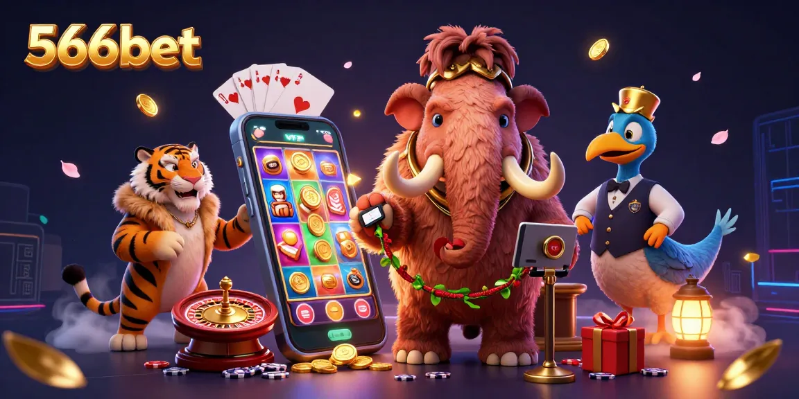Win big with 566bet at an exciting casino scene featuring vibrant 3D characters and games.
