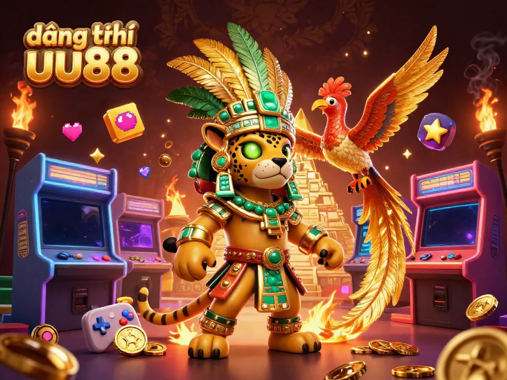 Experience đăng ký uu88 with vibrant 3D casino illustration featuring a Mayan jaguar priest and casino elements.