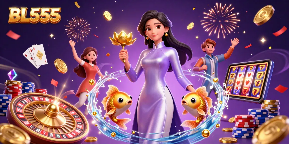 Experience the excitement of BL555 with glamorous casino elements and a dynamic 3D illustration.