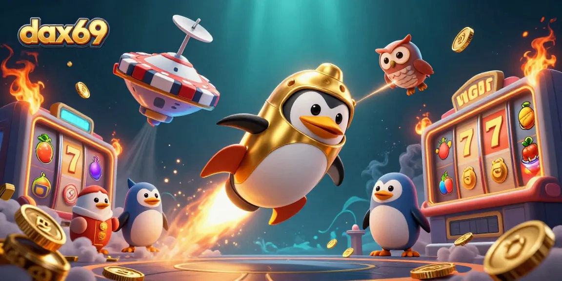 Mengambil taruhan dengan slot di dax69, penguin emas meluncur melalui ruang angkasa dengan koin mengkilat.