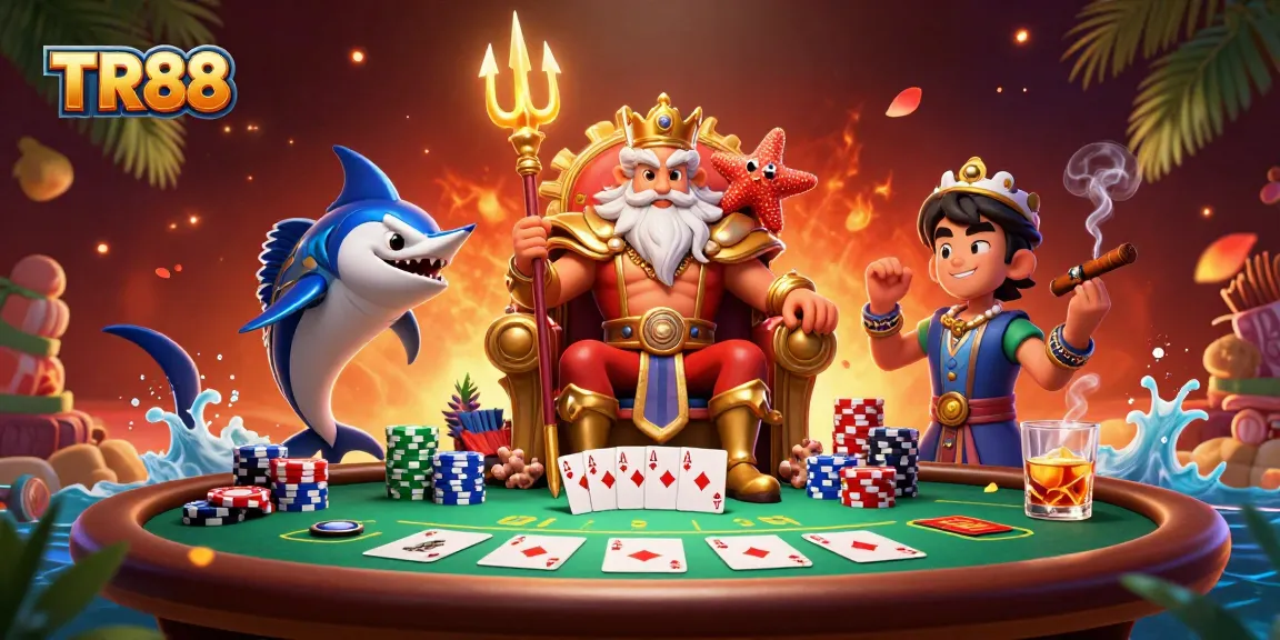 Engage in thrilling casino action with TR88's vibrant poker-themed 3D illustration featuring Neptune and companions.