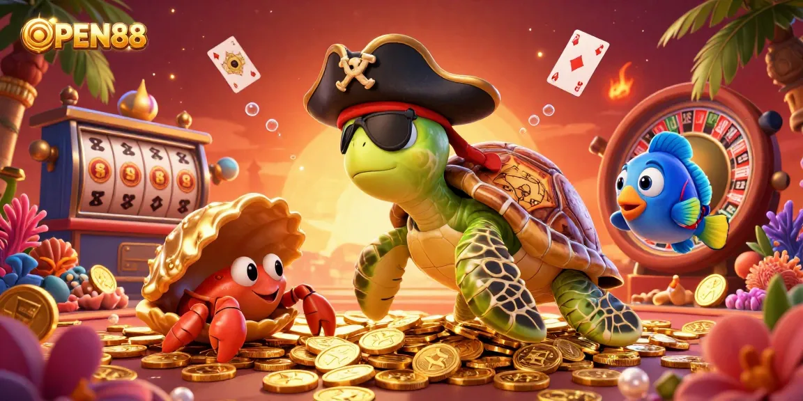 Experience gaming at OPEN88 with a vibrant casino scene featuring a pirate turtle, hermit crab, and parrotfish among winnings.