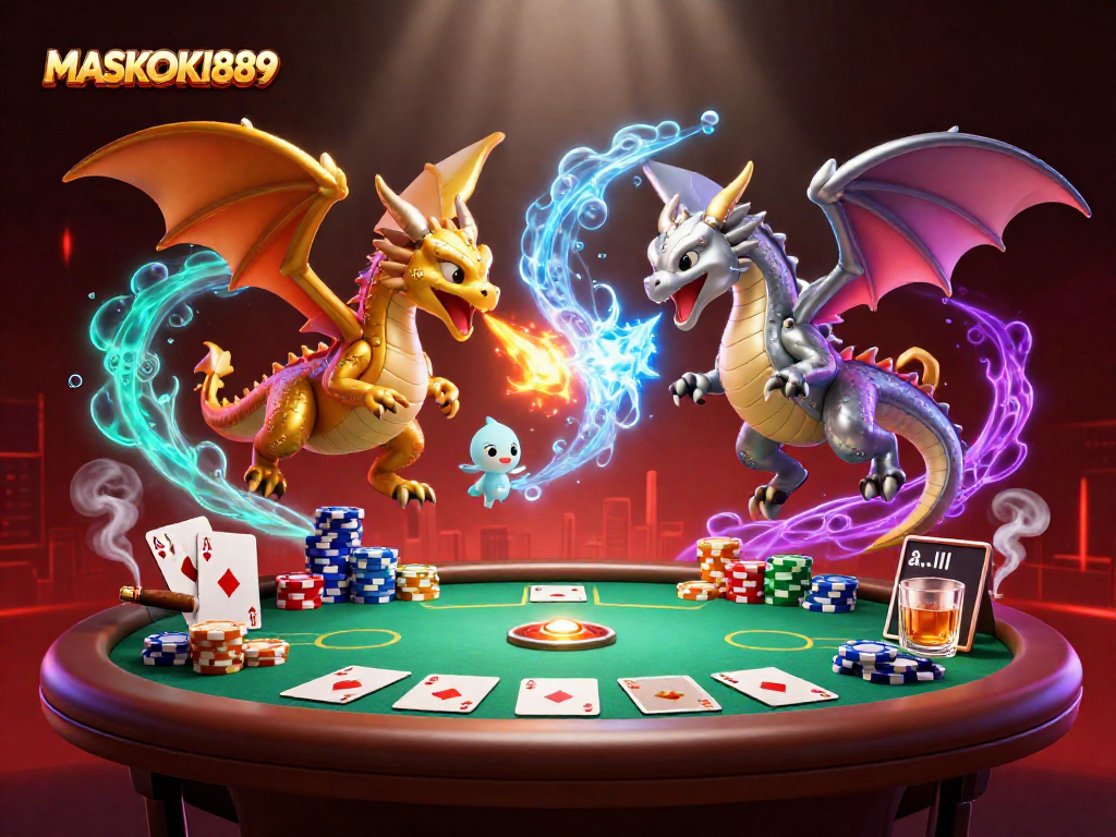 Embrace the thrill of gaming with MASKOKI889’s dynamic 3D dragon illustration and poker scene.