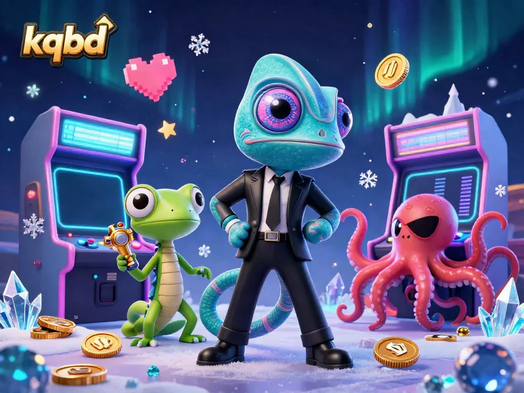 Engage with kqbd as a cartoon chameleon and friends navigate a dynamic gambling arcade.