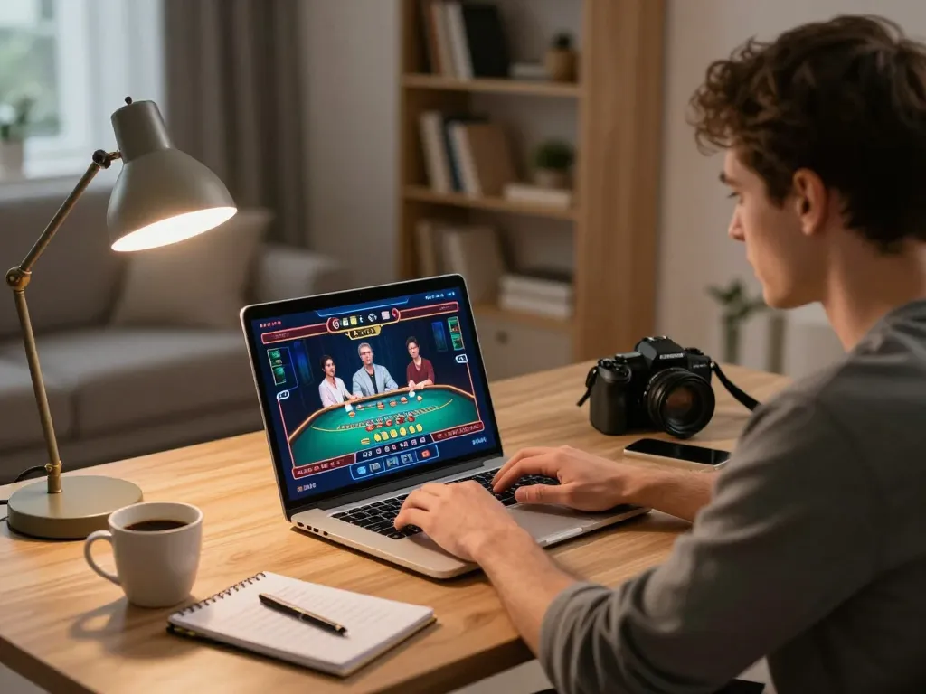 Player engaged in dynamic online gambling experience at home with hay88x, focused on live dealer game.