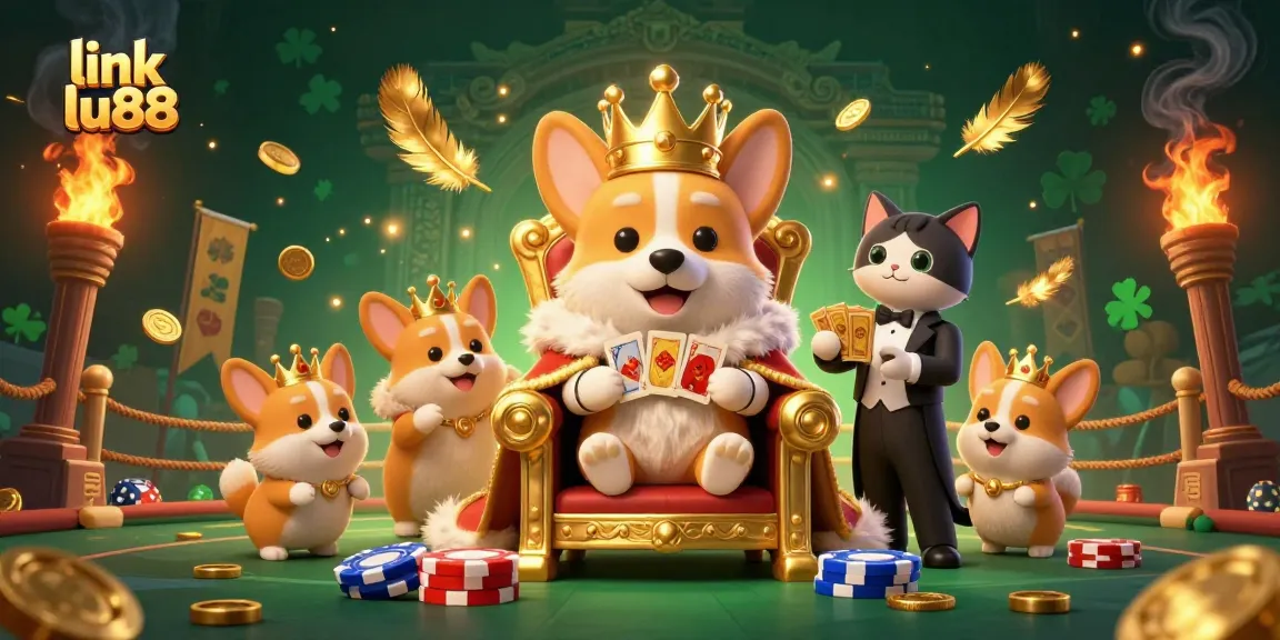 Engage with link lu88 by placing bets in a vibrant casino scene featuring a royal corgi, cat butler, and gold tokens.