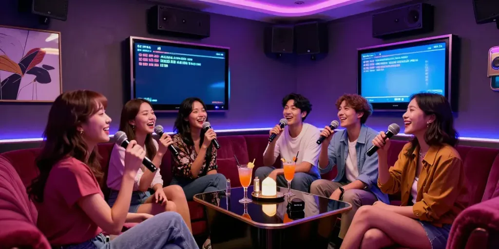 강남 달토에서 친구들과 노래를 부르며 즐거운 시간을 보내는 모습