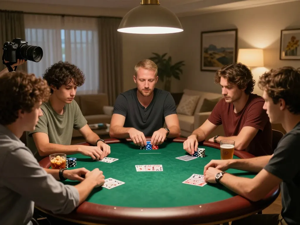 Players enjoying a thrilling poker night at home, showcasing rokok88 products and friendly competition.