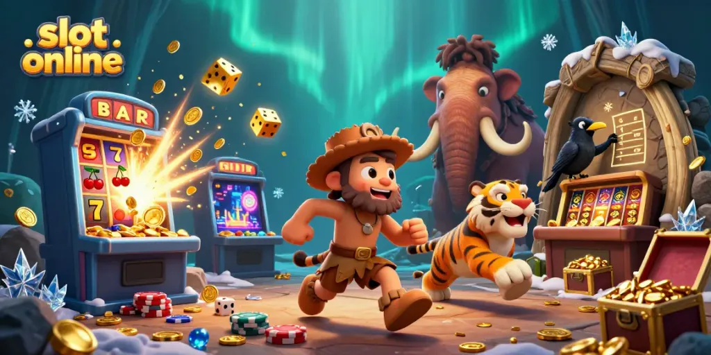 Experience exciting slot online action with cavemen and a saber-toothed tiger at a prehistoric casino.