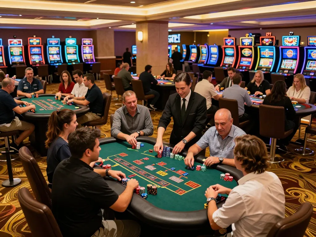 Players excitedly engaging at blackjack tables with Agen Resmi in a bustling casino atmosphere.