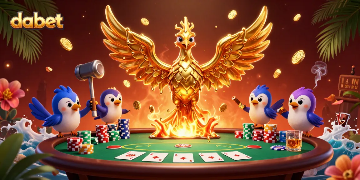 Dabet casino scene with a molten phoenix and poker elements, bringing excitement to gamblers.