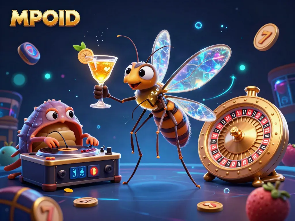 MPOID embraces excitement with a lively casino illustration featuring an ammonite roulette wheel and colorful game machines.