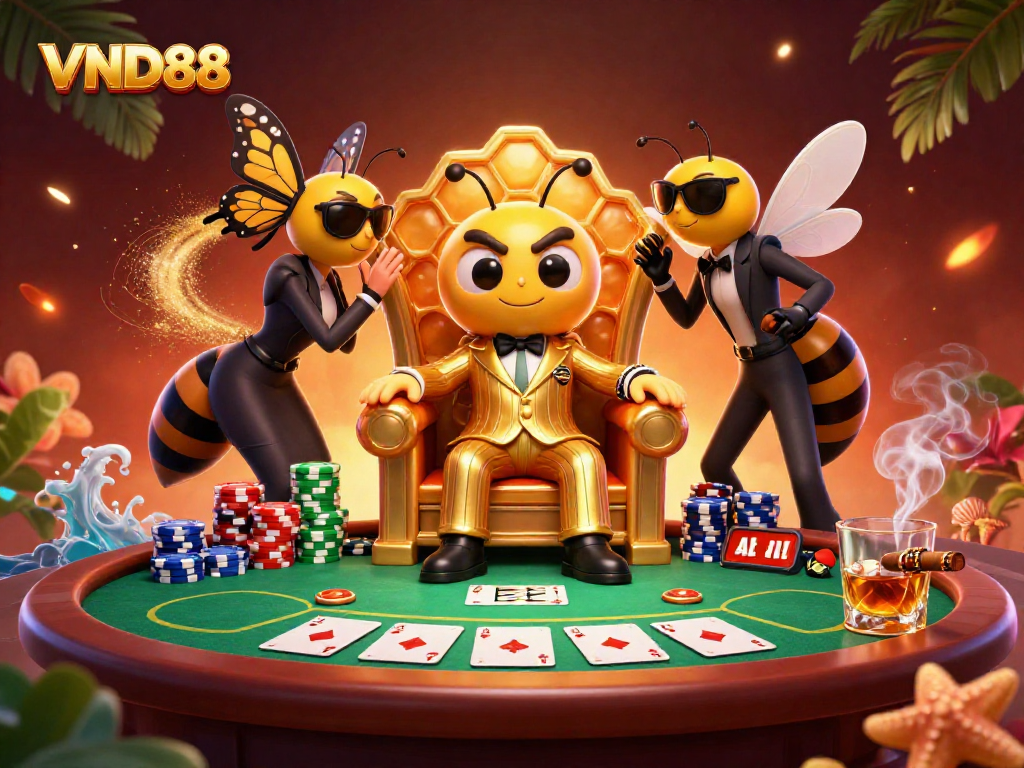 Experience the VND88 action in a vibrant, cartoonish casino scene filled with poker elements.