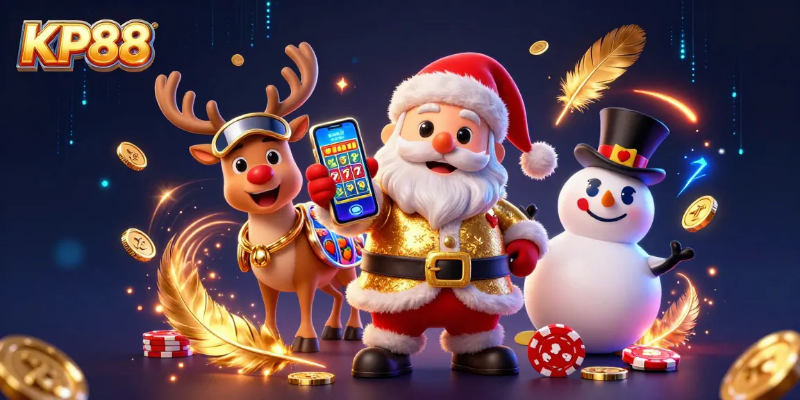 Experience KP88's thrilling jackpot slots in a vibrant casino scene with Santa and friends.