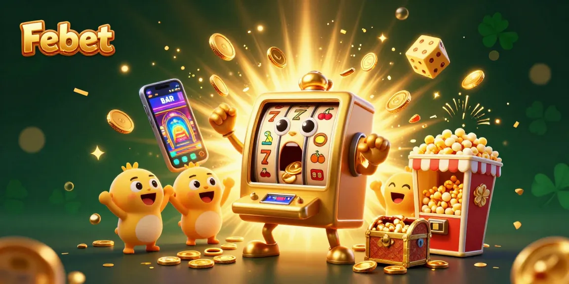 Febet showcases an exciting jackpot scene with golden slot machines and coins pouring out, embodying thrilling casino action.