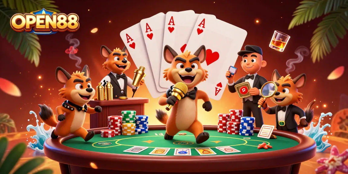 Experience the excitement of OPEN88 with a vibrant 3D scene of hyenas in a comedy casino.