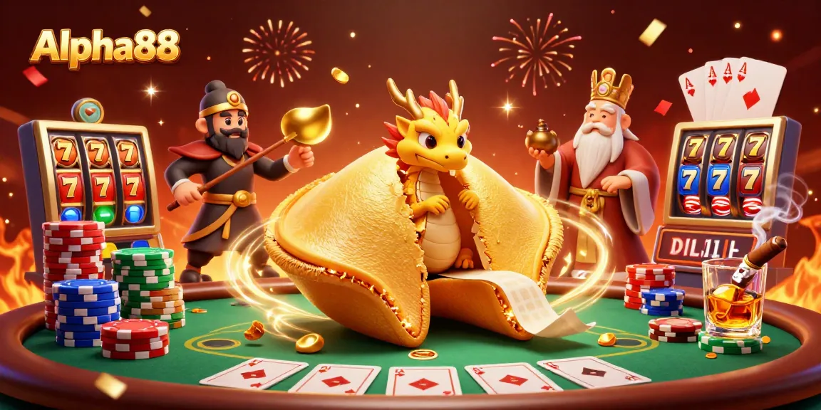 Experience the excitement of Alpha88 with a dynamic casino-themed art featuring games and characters.