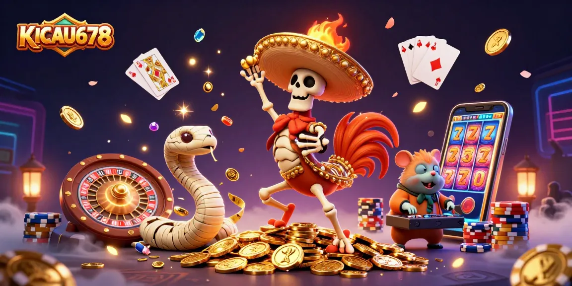 KICAU678 platform showcases vibrant 3D illustration featuring a festive victory dance over golden coins.