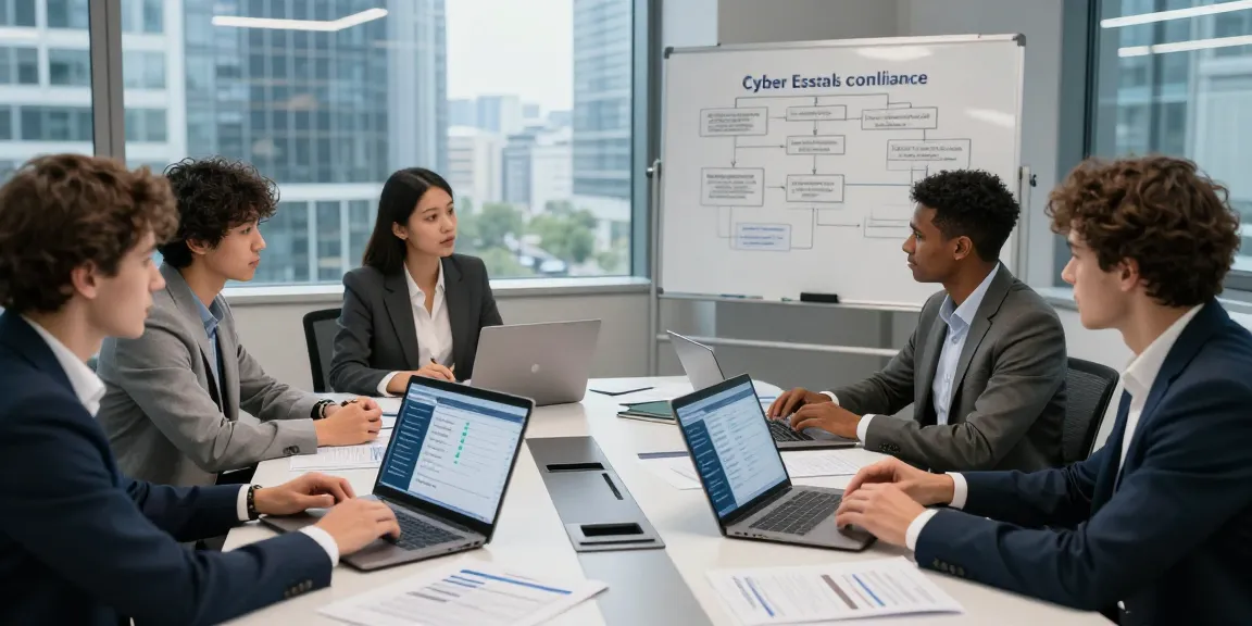 Team discussing Cyber Essentials certification in a modern office.