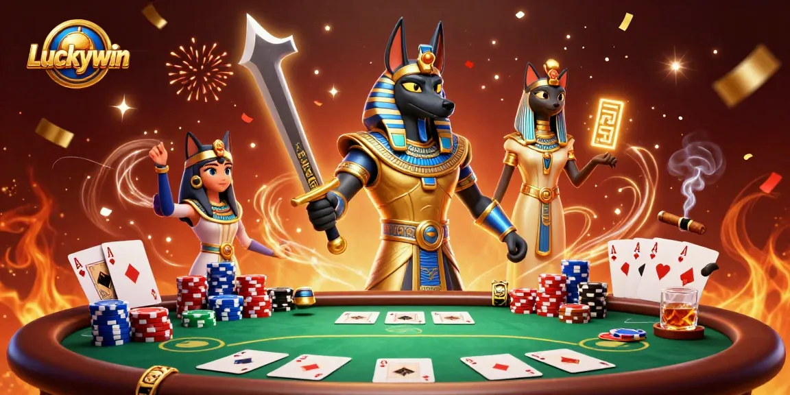 Luckywin showcases thrilling poker action with Anubis and Bastet amidst vibrant casino elements.