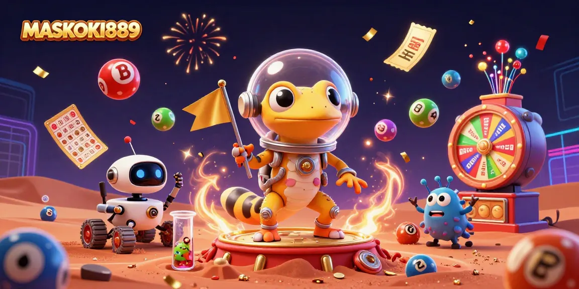MASKOKI889 celebrates with a Martian gecko at a vibrant alien casino scene