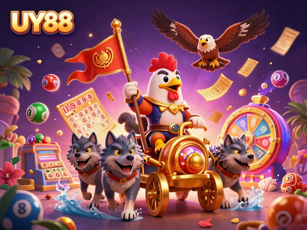 UY88 brings excitement with a dynamic scene featuring gaming elements and vibrant characters.