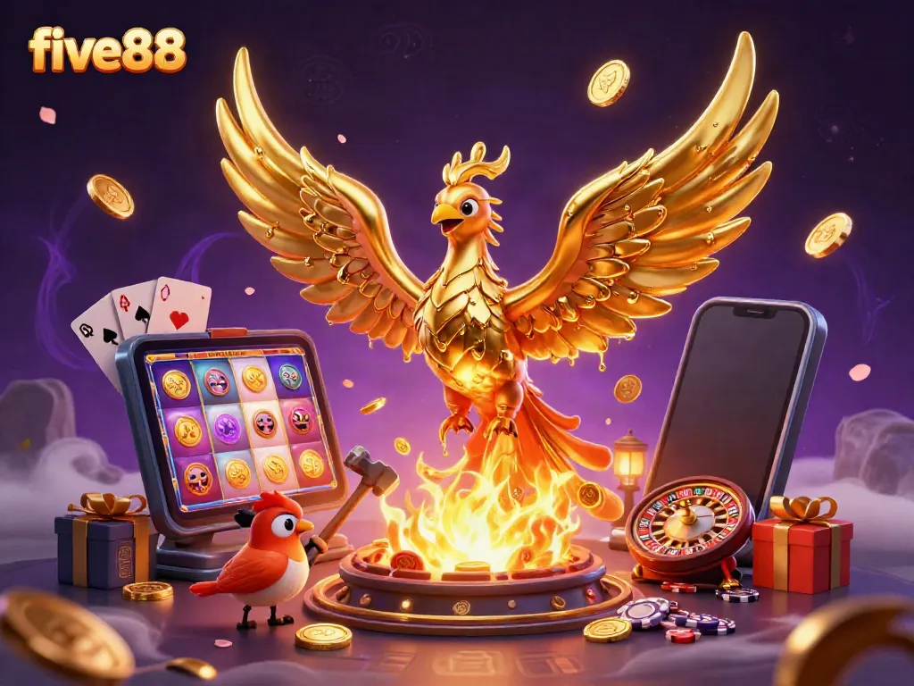 Experience gaming excitement with five88's dynamic fusion of a molten phoenix and engaging casino symbols.