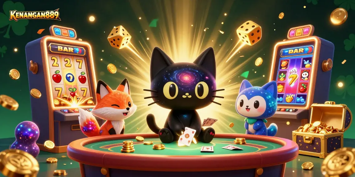 Feel the thrill of winning with KENANGAN889, featuring a cartoon cosmic cat at a jackpot casino table.