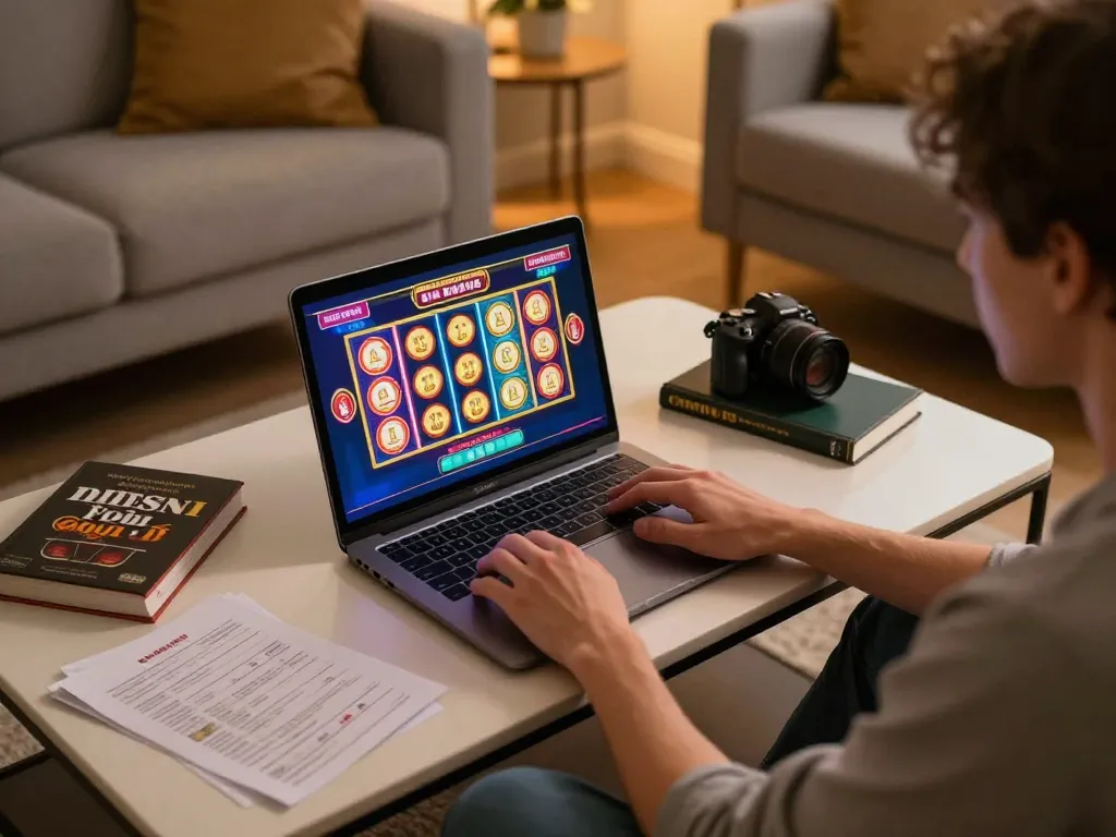 A dynamic online gaming session showcasing a user playing video slots on a laptop at home, illustrating the experience with Agen Resmi.