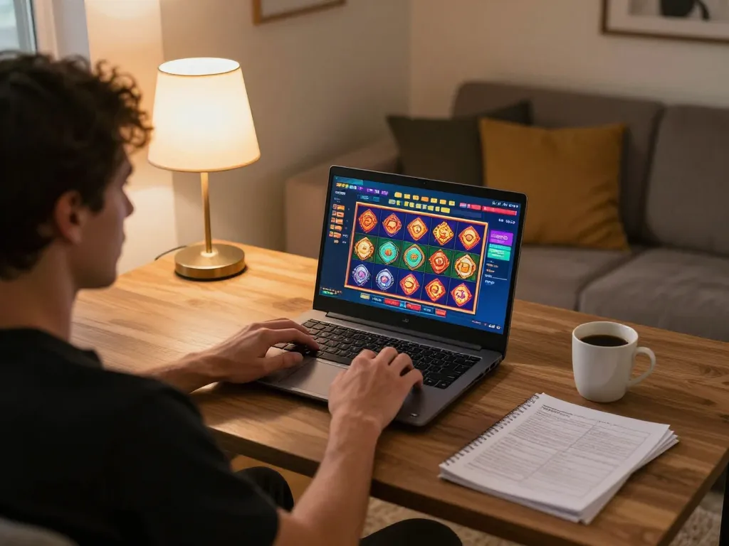 Người chơi LUCK8 thưởng thức một trò chơi slot trực tuyến thú vị tại nhà, thể hiện một thiết lập chơi game hiện đại.
