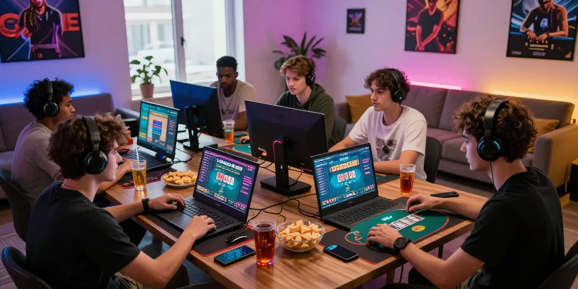 Friends immersed in Login Domino88 poker online game in a lively gaming setup.