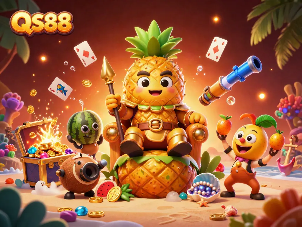 Experience exciting gameplay at QS88 with the golden pineapple king and vibrant casino elements.