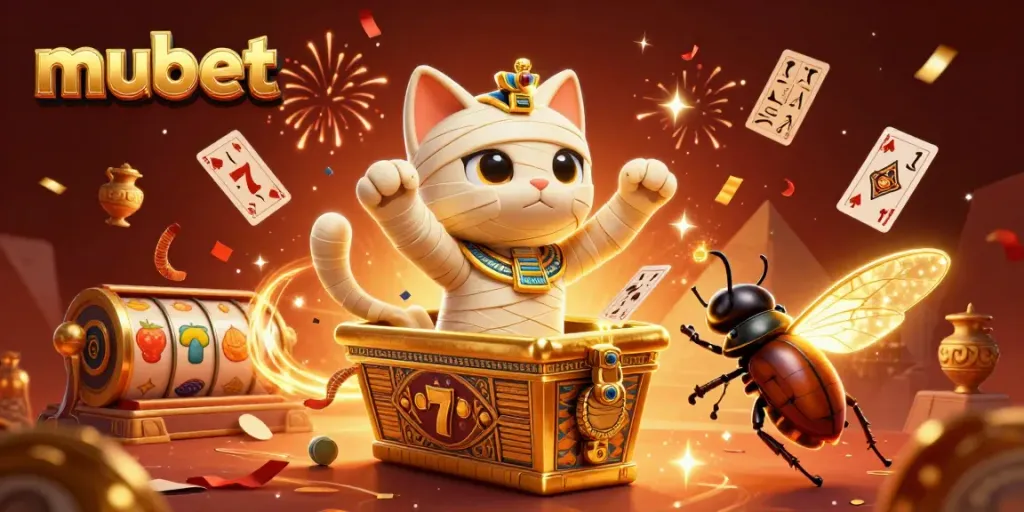 Engage with the vibrant gambling scene featuring mubet with a mummy cat and glowing scarab.