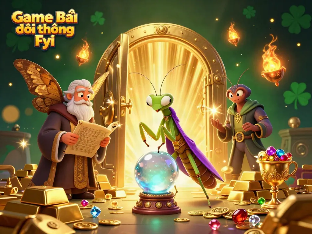 Engage with the Game Bài Đổi Thưởng Fyi fantasy world featuring a fortune teller and librarian amidst treasures.