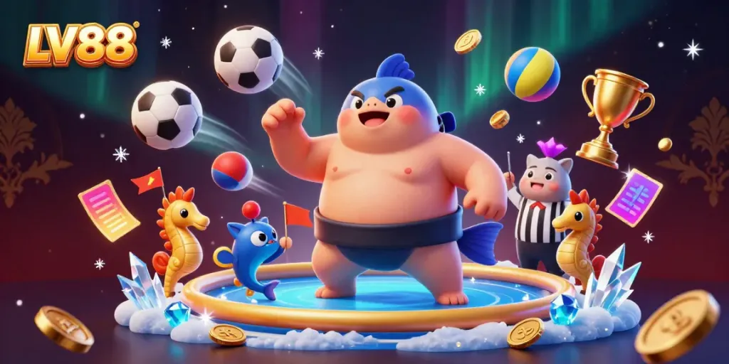 Engage with a thrilling LV88 underwater casino scene featuring the fugu, referee catfish, and seahorse spectators.