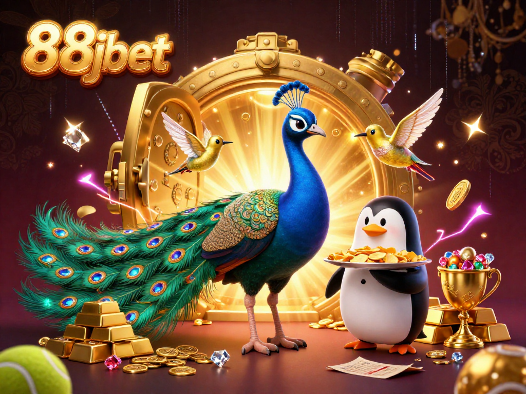 Win with 88jbet as the aristocratic peacock reveals treasures in a spectacular casino scene.