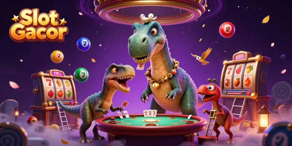 Experience vibrant Slot Gacor scenes with a cartoon brontosaurus and dynamic casino elements.