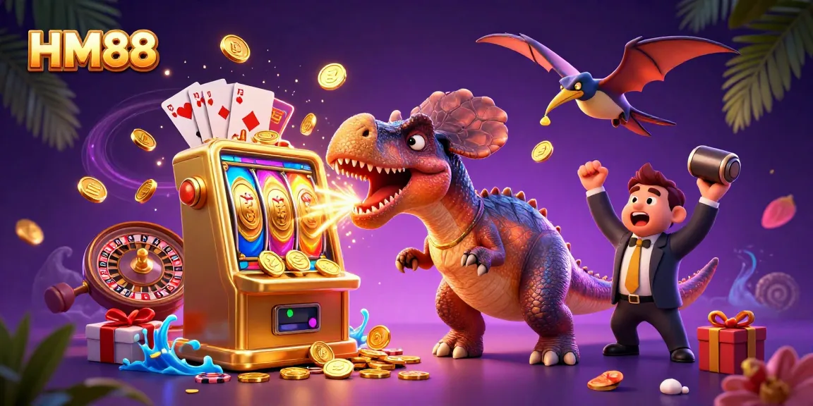 HM88 game scene illustrating a pachycephalosaurus winning jackpot coins from a slot machine while a pteranodon catches coins.