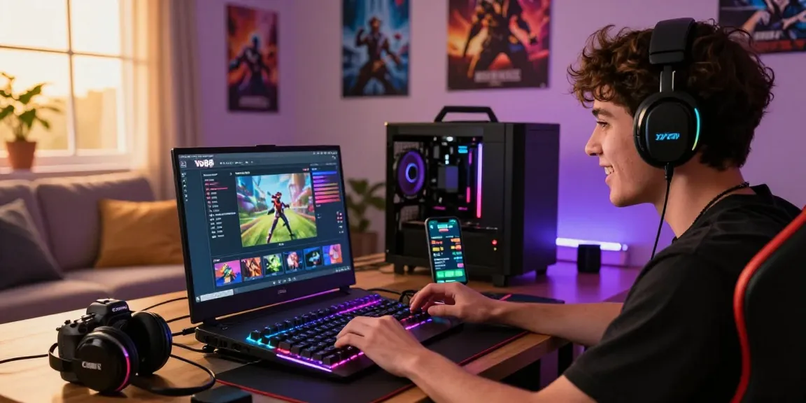 Exciting gaming environment with a player enjoying Yo88 online gaming on a laptop, showcasing vibrant accessories and cozy setting.