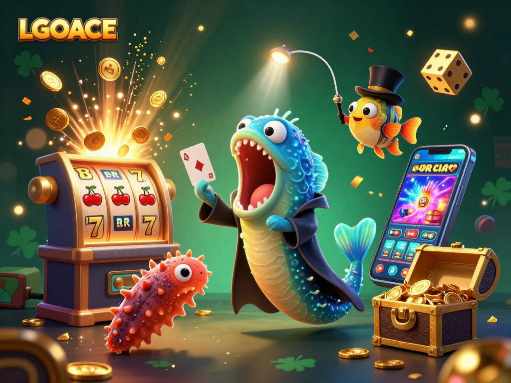 LGOACE showcases a dazzling magical casino act with vibrant characters, slot machine, and treasure