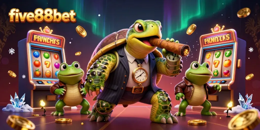 Experience the thrill at five88bet with a unique casino scene featuring a snapping turtle in mobster attire.