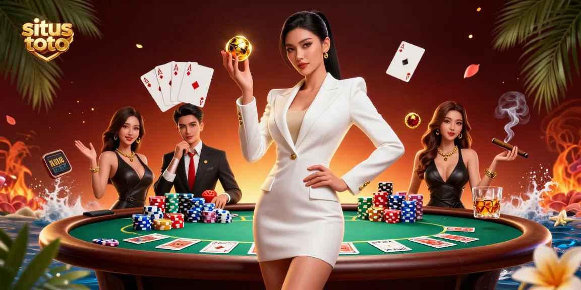 Situs toto showcasing a confident woman in a tuxedo at a vibrant casino scene with poker elements.
