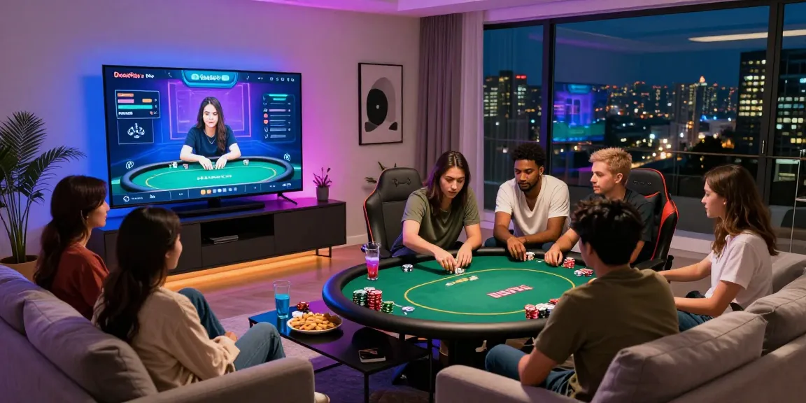 Engaged friends playing Situs Poker Uang Asli Dewapoker in a modern gaming setup.
