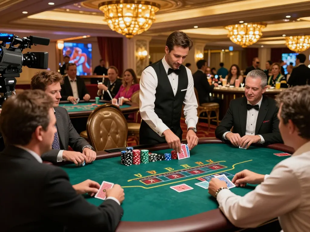 Players at vegasslot77 engaging in a thrilling blackjack game, showcasing strategic betting and casino ambiance.